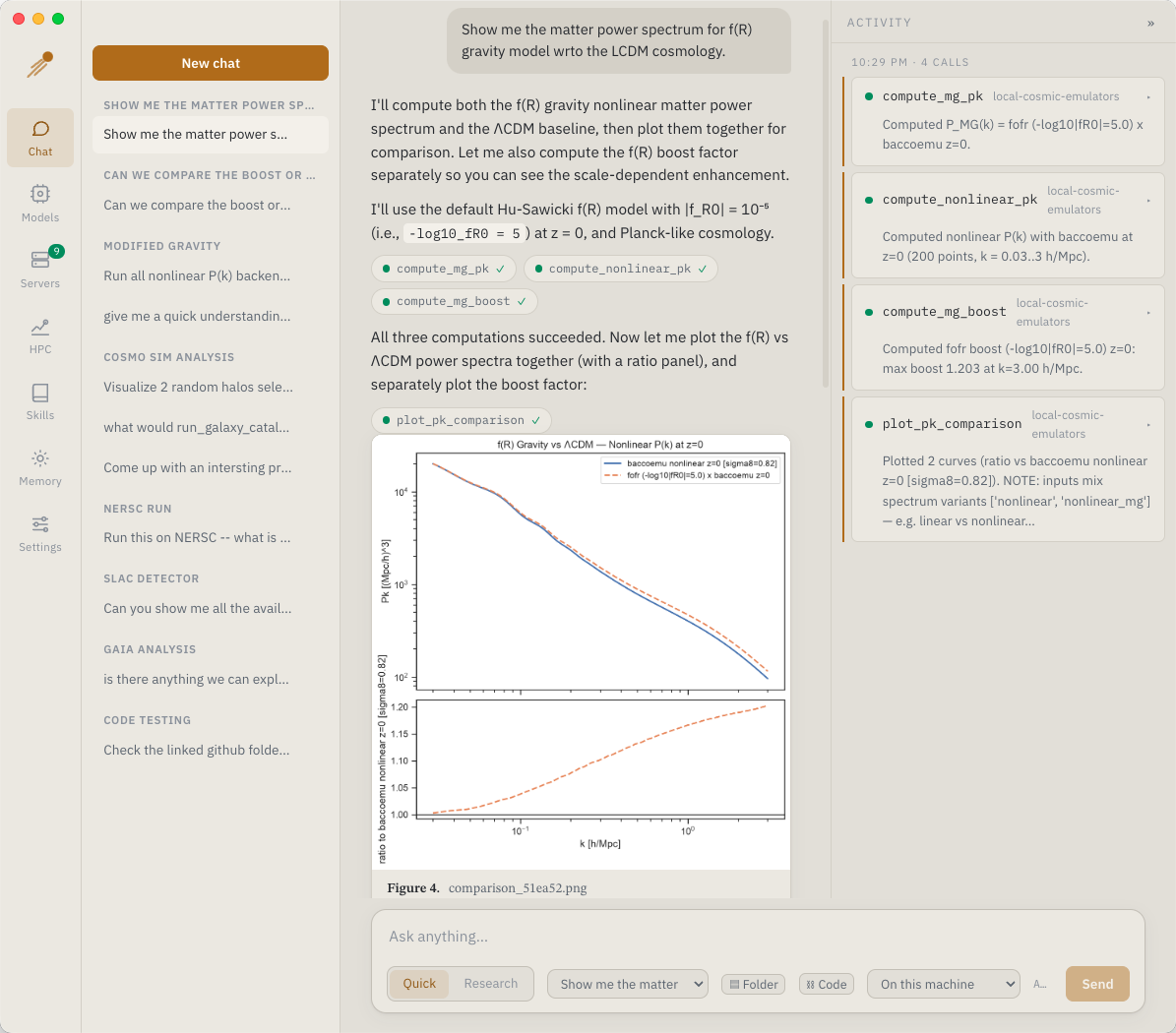 The HEP-Genesis-Agent desktop app: navigation rail, chat history, a Quick-mode conversation computing an f(R) gravity matter power spectrum with an inline comparison figure, and the activity panel listing the tool calls.